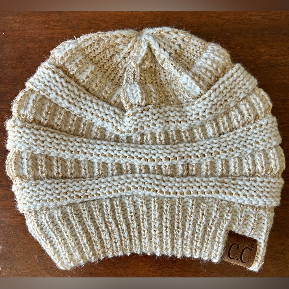 CC Knit Beanie in Cream and gold